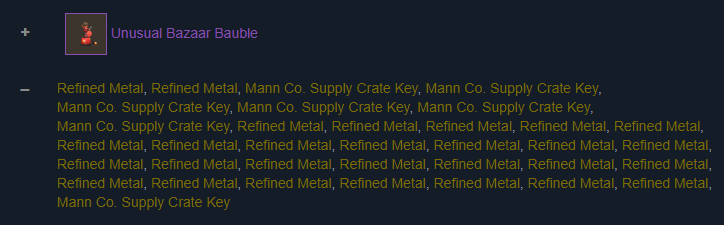 Steam Inventory History Screenshot with an Unusual and TF2 Key and Metal Text